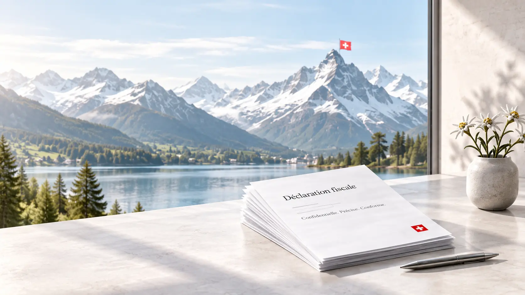 Un bureau devant un lac et des sommets, avec une pile de feuilles intitulée Déclaration fiscale.